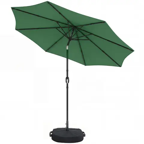 Outsunny 2.7 m Garden Parasol Umbrella with Cross Base and Sandbag, Retractable Ribs, Outdoor Table Market Patio Umbrella Sun Shade with 30 Degree Tilt and Crank, Vent, Green
