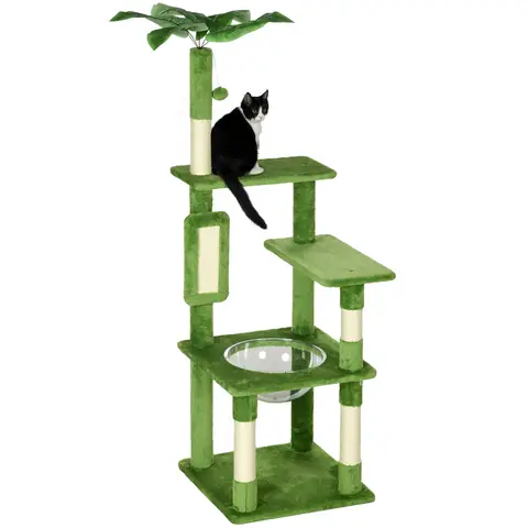 PawHut 142cm Cat Tree for Indoor Cats, Cat Tower with Scratching Posts, Scratch Board, Hammock, Toy Balls, Multi-level Platforms, Green