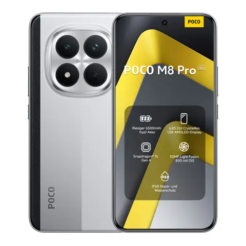 POCO M8 Pro 5G Silber 8 GB RAM 256 GB ROM, 6,83 Zoll AMOLED CrystalRes 1,5K Display, Snapdragon 7s Gen 4, 50 MP Light Fusion 800 mit Bildstabilisierung