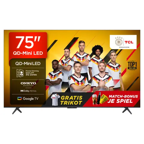 TCL 75Q6C QLED Mini LED Fernseher, 75 Zoll, 4K HDR Premium, Dolby Vision IQ & Atmos, Onkyo 2.1 Sound, Smart TV mit Google TV, Game master, 144Hz Motion Clarity Pro, AMD FreeSync Premium Pro, HDMI 2.1, AirPlay 2, Google Assistant & Alexa