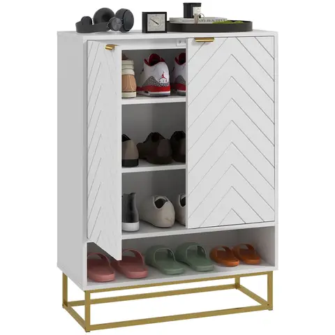 HOMCOM Shoe Cabinet, 12 Pairs Shoe Storage Cabinet with 2 Chevron Doors, Adjustable Shelf, Open Shelf and 6 Vents for Entryway, Hallway, White