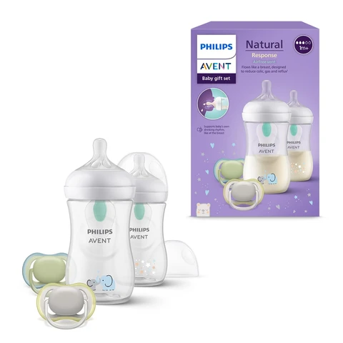 Philips AVENT Natural Response Geschenkset für Babys: 2 x Natural Response Flaschen mit AirFree-Valve 260 ml (ab 1 Monat), 2 x Ultra Air Schnuller (0-6 Monate) (Modell SCD657/12)
