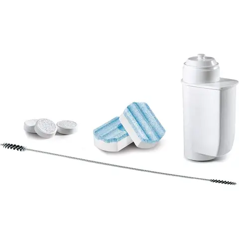 Bosch Pflege-Set für Kaffeemaschinen TCZ8004A, 10 Reinigungstabletten, 3 Entkalkungstabletten, 1 BRITA Wasserfilter, Milchschlauch-Reinigungsbürste, für Vero Kaffeevollautomaten und Einbauvollautomaten