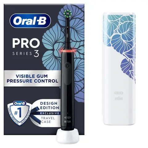 Oral-B Pro 3500 Electric Toothbrush Floral Design Edition, 1 Replacement Brush & Travel Case, Pressure Control, 3 Cleaning Modes, Long Lasting Battery, Black