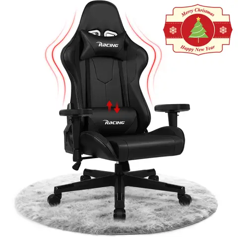 Gaming Chair, Ergonomic Office Chair with Adjustable Lumbar Cushion, Headrest and Armrests, Upholstered Gaming Chair, Gamer Chair with Rocking Function, Gaming Chair with 150 kg Load Capacity, black
