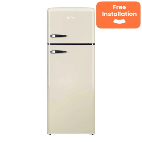 Amica FDR2213C Retro Style Top Mount Fridge Freezer – Cream | 55cm Wide | 144cm High | E Energy Rated | Chrome Handles