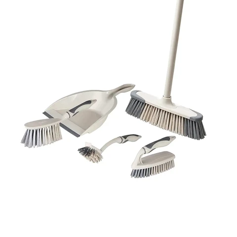 Tower 5-in-1 Cleaning Set with Dust Pan and Brush/Kitchen Broom/Dish Brush/Scrub Brush, Latte & Grey