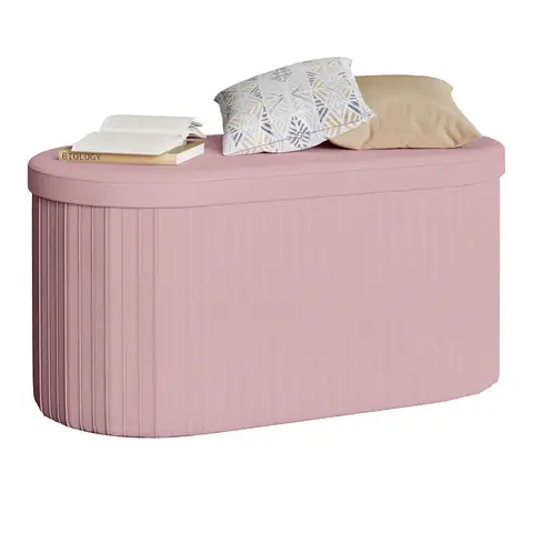 WOLTU Aufbewahrungsbank, Truhe, Ottomane 76L, Faltbarer Sitzhocker, Bettbank, Abnehmbarer Deckel, Samt, Oval, 76x38x38 cm, Hellrosa