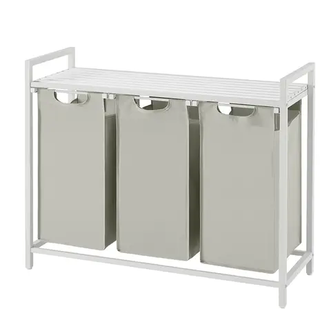 JOYFURNOS Panier à linge, Corbeille à linge à 3 compartiments, Sacs intérieurs coulissants et amovibles, Trieur de vêtements, Cadre en métal, 3 x 40 L, 92,5 x 33 x 72 cm, Blanc crème et blanc mat