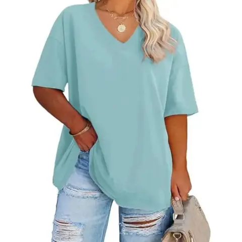 Women's Plus Size V Neck T Shirts Summer Half Sleeve Oversized Tees Casual Loose Fit Tunic Tops (LightBlue, XL)