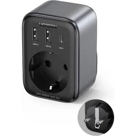 Wall charger 30W (2xUSB/USB C/AC) / adapter EU - EU 13A Ugreen CD314 - black