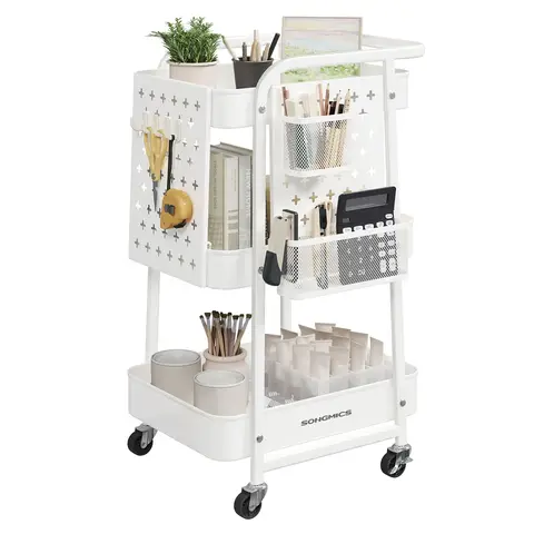 SONGMICS Aufbewahrungswagen, Rollwagen, 3 Metallgitterböden, 2 abnehmbare Lochplatten, 2 Hängehalter, 4 Haken, Allzweckwagen, für Büro, Küche, Wohnzimmer, Badezimmer, Wolkenweiß LRC037W01