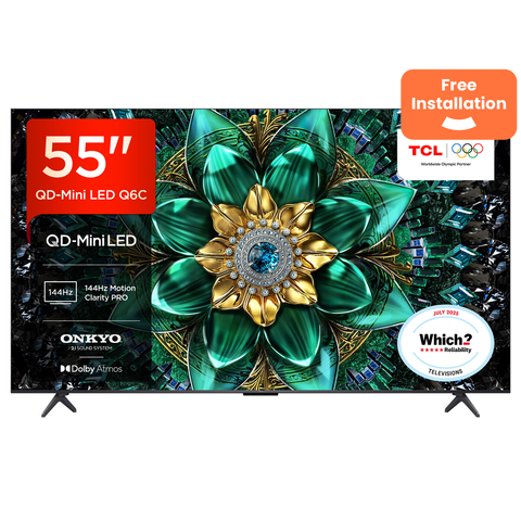 TCL 55Q6C-UK 55" QD-Mini LED TV, 4K HDR Premium 1000nits, Smart TV Powered by Google TV (Dolby Vision IQ & Atmos, Onkyo 2.1 Sound System, 144Hz Motion Clarity Pro, Game Master, 2025 New Model) [Energy Class E]