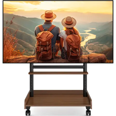 TV Stand on Wheels for 40-86 Inch LCD LED OLED Flat Panel Plasma TVs, Height Adjustable TV Floor Stand with Shelf TV Trolley with Wooden Base Max VESA 600x400mm up to 68 kg, Walnut