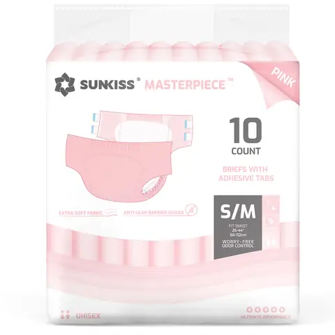 SUNKISS Masterpiece Windeln für Erwachsene mit ultimativer Saugfähigkeit, Einweg Inkontinenz Slips für Männer und Frauen, mit Tabs, Auslaufschutz bei Blasenschwäche, Rosa, Größe S/M, 10 Stück
