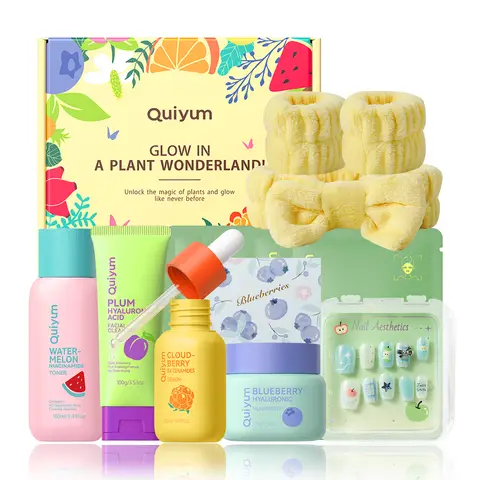 QUIYUM Fruit Skincare Set (10pcs): Includes Cleanser 100g, Toner 160ml, Serum 30ml, Cream 50g, Fruit Masks 25g×4, and a Headband with Nail Stickers.