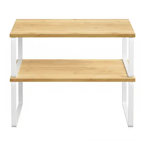 JOYFURNOS 2er-Set ausziehbare Schrankregal-Organizer, stapelbares Gewürzregal für die Küche, Metall und Holz, Weiß und Natur