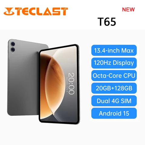 Teclast T65 Tablet — 13.4-inch display with 120Hz refresh rate, Android , Dual SIM Dual Standby 4G LTE + 5G WiFi, 2.2GHz octa-core processor, 20GB (8GB + 12GB virtual) RAM+ 128GB storage, Widevine L1 certified, 13MP rear camera, Bluetooth 5.0, GPS.