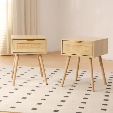 GRAVFORCE Bedside Table Set of 2 Modern Side End Table with Drawers Slim Bedside Tables for Bedroom Living Room Solid Wood Legs 1 Drawer