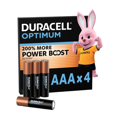 DURACELL Optimum Piles AAA (Lot de 4) – Piles Alcalines 1,5V – +200 % d’actifs Power Boost* – Répondent aux exigences des appareils modernes – 100 % Recyclables, 0 % de plastique dans l’emballage – LR03 MX2400