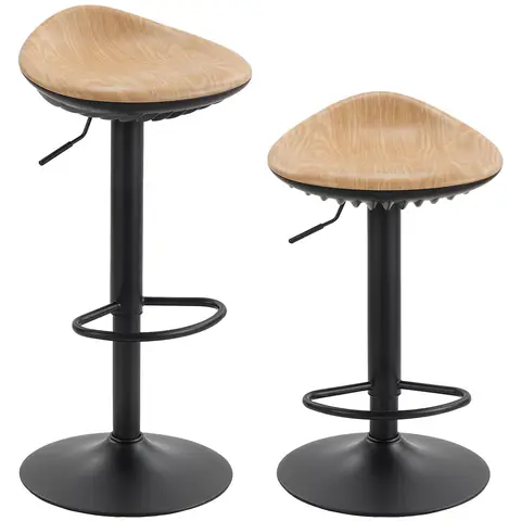 HOMCOM Bar Stools Set of 2, Wood Effect PU Leather Breakfast Barstools with Saddle Seat, Height Adjustable Swivel Kitchen Chairs with Footrest for Dining Room Island Counter Pub, Oak