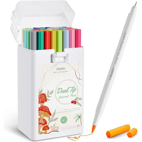 Ohuhu Dual Tip Art Markers - 40 Colors, Brush & Fineliner Pens for Journaling and Art Projects