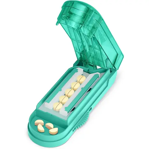 VVM Pill Cutter Splitter for Small and Tiny Pills, Professional Adjustable Pill Cutter with Hidden Stainless Steel Blade, Safely Cuts Multiple Pills at Once, Cyan