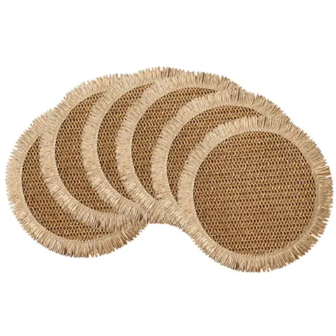 Papyrus + Pompon Kaki, Lot de 6 Sets de Table Ronds en Papier Style Bohème Naturel avec Franges - 38 cm, Décoration de Table Champêtre pour Intérieur et Extérieur, Lavage à la Main Uniquement, Composition en Papier, Décor de Table Texturé