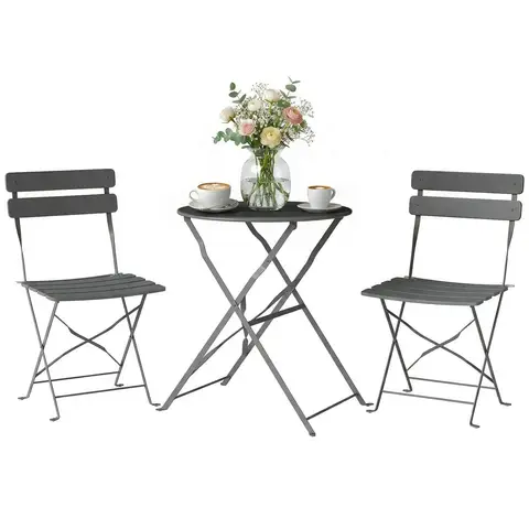 Outsunny 3 Piece Folding Bistro Set, Round Bistro Table and Chairs Set 2 with Electrophoresis Metal Frame, Small Outdoor Garden Furniture Conversation Sets for Patio, Balcony, Porch, Grey