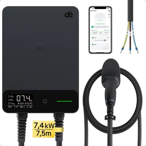 dé Borne de recharge pour véhicules électrique 7.4 kW APP, 7,5 m, 6-32 A, monophasé avec câble de recharge Type 2, RFID, RCD Type-B et IP54 compatible E-208 et autres BEV/PHEV