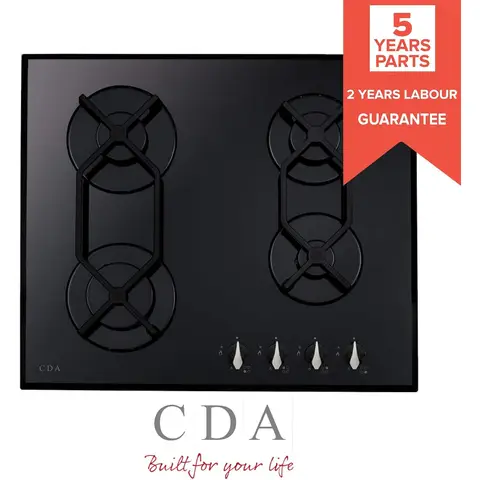 CDA HVG621BL 60cm Black Glass 4-Burner Gas Hob – Cast-Iron Pan Supports