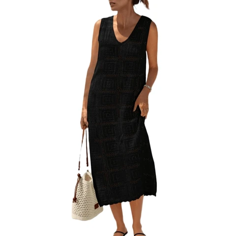 Robe de femme en crochet à manches amovibles en maille ouverte à col en V pour printemps, été, vacances et usage quotidien Noir Taille M