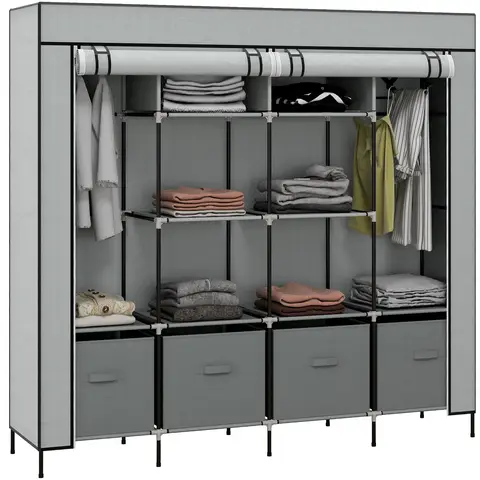 HOMCOM Fabric Wardrobe for Bedroom, Portable Cloth Wardrobe with 10 Compartments, 2 Hanging Rails and 4 Fabric Drawers, 166 x 42.5 x 169.5cm, Dark Grey