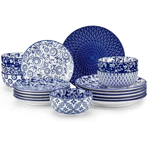 Keramik-Geschirrset, hochwertiges Tafelgeschirr für den täglichen Gebrauch zu Hause, elegantes blau-weißes Design mit Speisetellern, Salattellern, Suppentellern und Schüsseln, geeignet für den täglichen Gebrauch und für festliche Anlässe. 24 Teile Set 