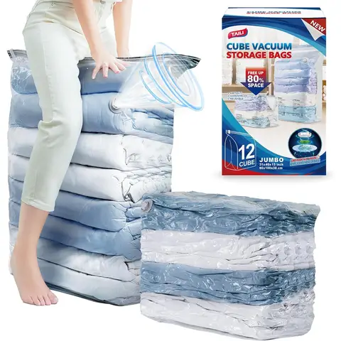 TAILI 12 Pack Vacuum Storage Bags, Jumbo Cube 31x40x15 Inch, Extra Large Vacuum Seale Bags for Comforters Blankets, Bedding, Clothing, Space Saver Closet Organization, Clear