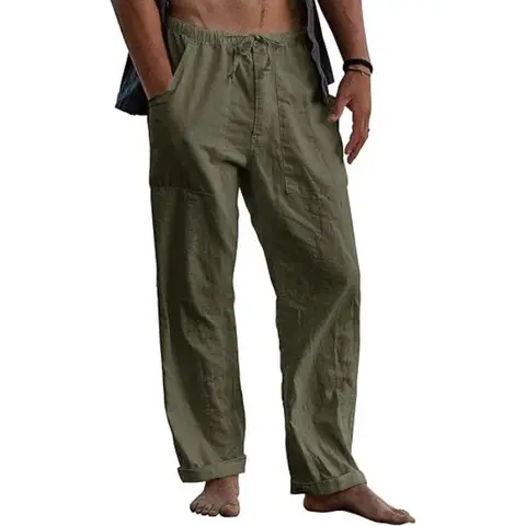 Men's Linen Trousers, Long Wide Summer Trousers, Drawstring Yoga Pants with Pockets, Airy Sun Protection Beach Trousers (militarygreen, M)