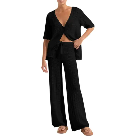 Women's Summer 2 Piece Swimsuit Cover up Crochet Knit Cardigan Tops Long Pants Set Bathing Suit Beach Outfit (black, L)