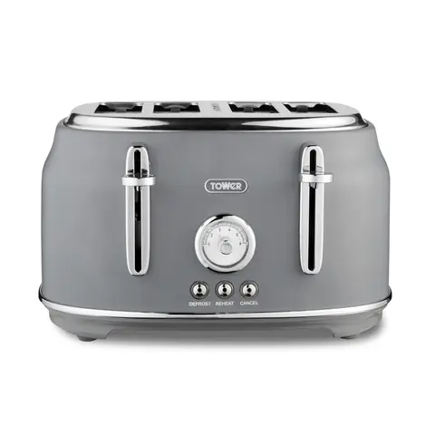 Tower Renaissance 4 Slice Retro Toaster, Wide Slots, 1630W, Grey - T20065GRY