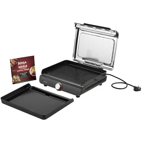 Ninja Sizzle Electric Grill Indoor & Plancha (Flat Grill Plate) with Non-Stick Grill Plate, Removable & Dishwasher-Safe Lid, Grease Collection Container, Temperature Control & Recipe Book, Black