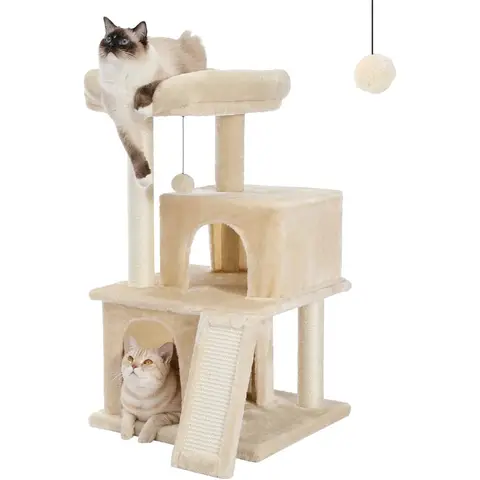 PAWZ Road Katzenstange, Kratzpfahl, Katzenmöbel mit Sisal-Seil, Plüschlounger, hohres Spielhaus, Spielzeug für Katzen, Beige