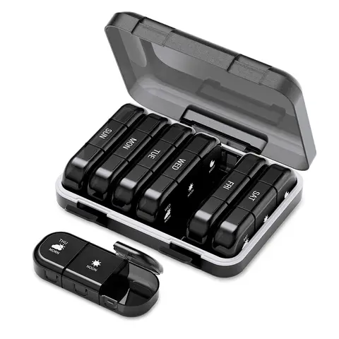 Weekly Pill Organizer 3 Times a Day, Portable Travel Pill Box 7 Day with Large Pill Containers, Light-Proof Pill Case for Vitamins, Medication, Supplements and Fish Oils (Black)