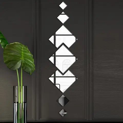 7pcs PVC mirror stickers, interlocking diamond-shaped mirror stickers, multi-piece pack of silver mirrors, self-adhesive high-definition living room mirror, entryway bathroom personalized artistic decorative mirror (4.8-16.5cm)