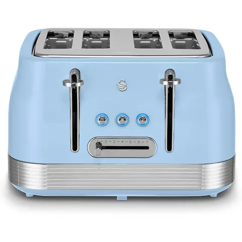 Swan Retro Revive 4 Slice Toaster, Vintage, Cord Storage, Variable Width Slots, 1860W, Coated Stainless Steel, Blue and Chrome Accents - ST19029BLU