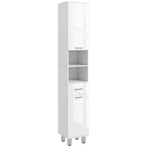 kleankin 71" Tall Slim Bathroom Storage Cabinet, Tall Narrow Cupboard with Drawer, Open Shelves, 2 Doors Cabinets and Adjustable Shelves for Kitchen, Hallway, Living Room, High Gloss White