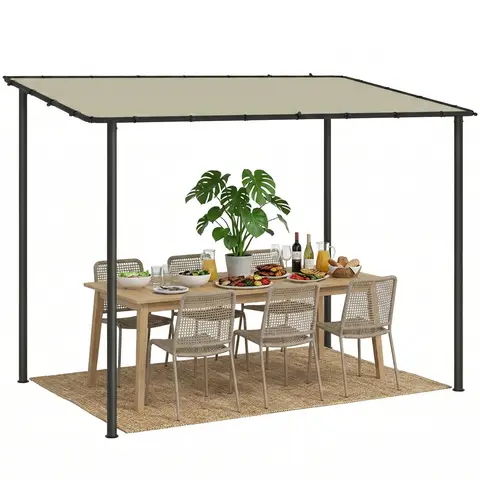 Outsunny 3 x 2 m Lean to Garden Pergola, Metal Frame Wall Mounted Gazebo Pergola with UPF30+ Sun Protection, Sloped Roof, Drainage Holes, Outdoor Sun Shade, Cream