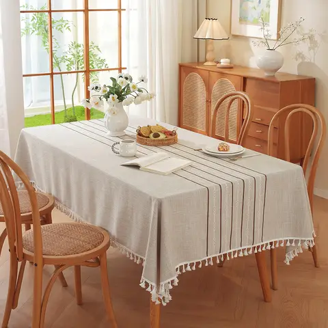 Table Rustic Tablecloth Cotton Linen Wrinkle Free Tables Cloths for Parties, Kitchen Dining, Holiday, Christmas, Coffee Lines, 4-8 Seats/55x90 Inches