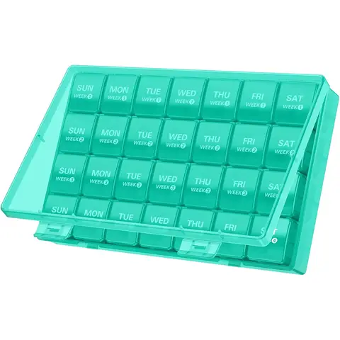 VVM Monthly Pill Organizer 28 Day Pill Box, Large Medicine Pill Organizer 4 Weeks, One Month Pill Box Pill Case Travel Pill Organizer with Dust-Proof Container for Pills/Vitamin/Supplements, Cyan, 1PCS