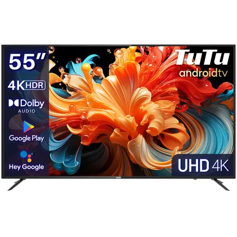 TuTu Android Smart TV | LED 4K UHD | 55 Zoll/140cm | Rahmenlos Design | Triple Tuner DVB-T/T2/S/S2/C | HDMI x3, USB x2, CI+ | Sprachsteuerung & Streaming-Apps | Montiert in Eindhoven | TUS55UD1A