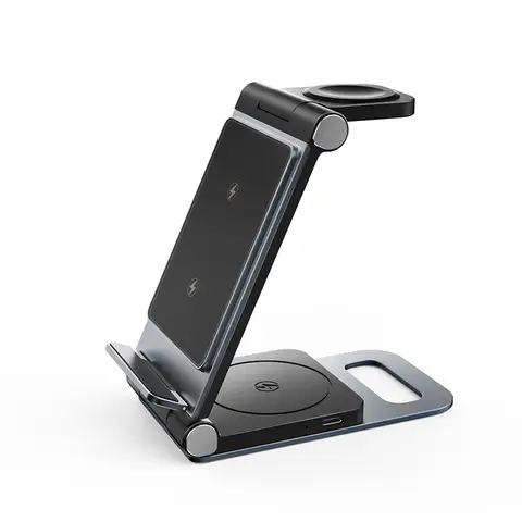 Rexsun T8 Station de charge sans fil pliable 3-en-1 en alliage d’aluminium - Noir