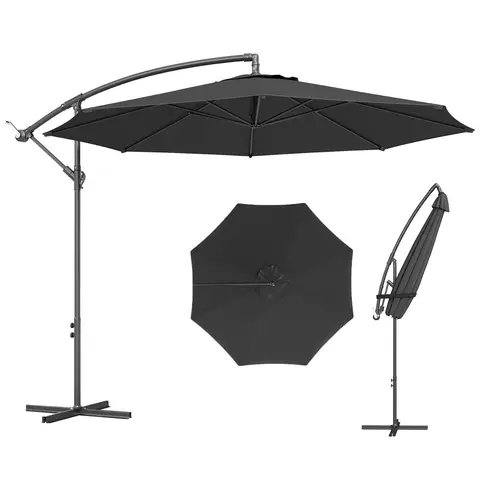 Outsunny 3(m) Garden Banana Parasol Hanging Cantilever Umbrella with Crank Handle, 8 Ribs and Cross Base for Outdoor, Sun Shade, Black